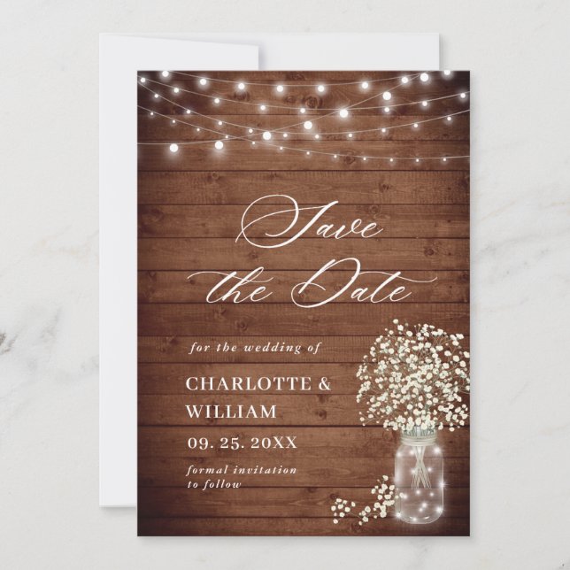 Baby's Breath Mason Jar Rustic Wedding QR code Save The Date (Front)