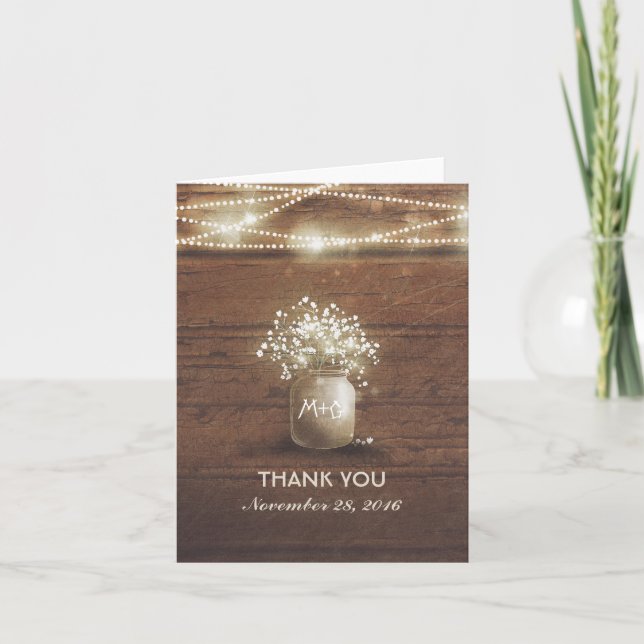 Baby's Breath Mason Jar Rustic Wedding Thank You Card (Front)