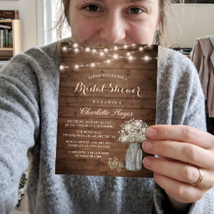 Baby's Breath Mason Jar Rustic Wood Bridal Shower Invitation
