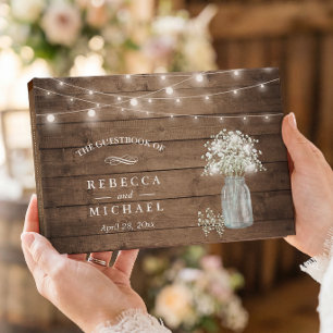 Baby's Breath Mason Jar Rustic Wood Lights Wedding Guest Book