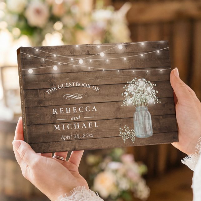 Baby's Breath Mason Jar Rustic Wood Lights Wedding Guest Book (Creator Uploaded)