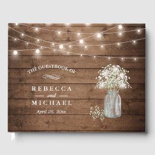Baby's Breath Mason Jar Rustic Wood Lights Wedding Guest Book
