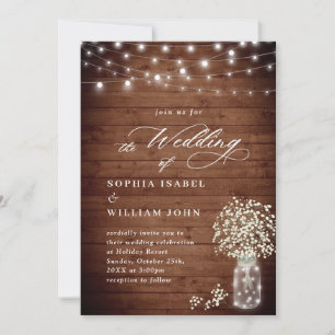 Baby's Breath Mason Jar Rustic Wood Wedding Invitation