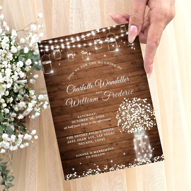 Baby's Breath Mason Jar Rustic Wood Wedding Invitation (Creator Uploaded)