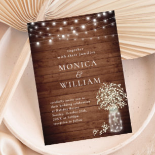 Baby's Breath Mason Jar Rustic Wood Wedding Invitation