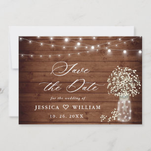 Baby's Breath Mason Jar Rustic Wood Wedding Save The Date