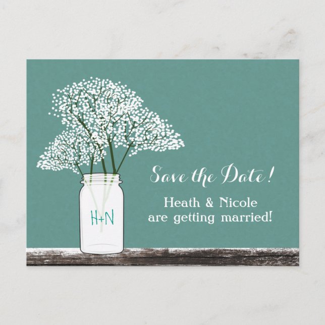 Baby's Breath Mason Jar Save The Date Postcard (Front)