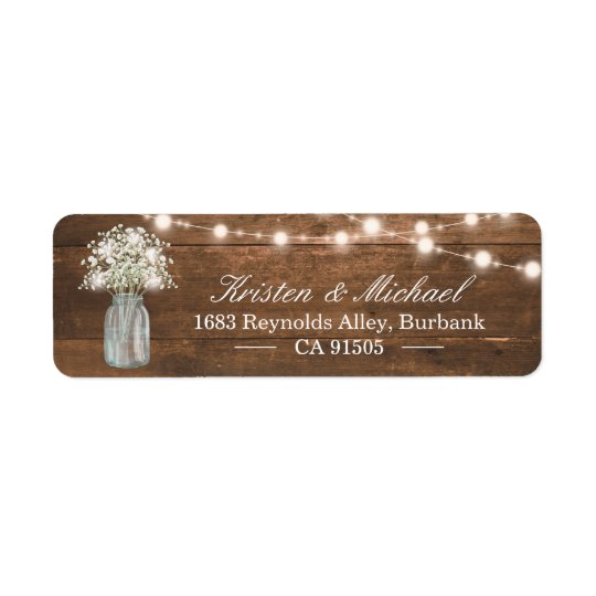 Baby's Breath Mason Jar String Lights Rustic Wood Return Address Label