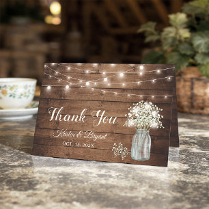 Baby's Breath Mason Jar String Lights Rustic Wood  Thank You Card