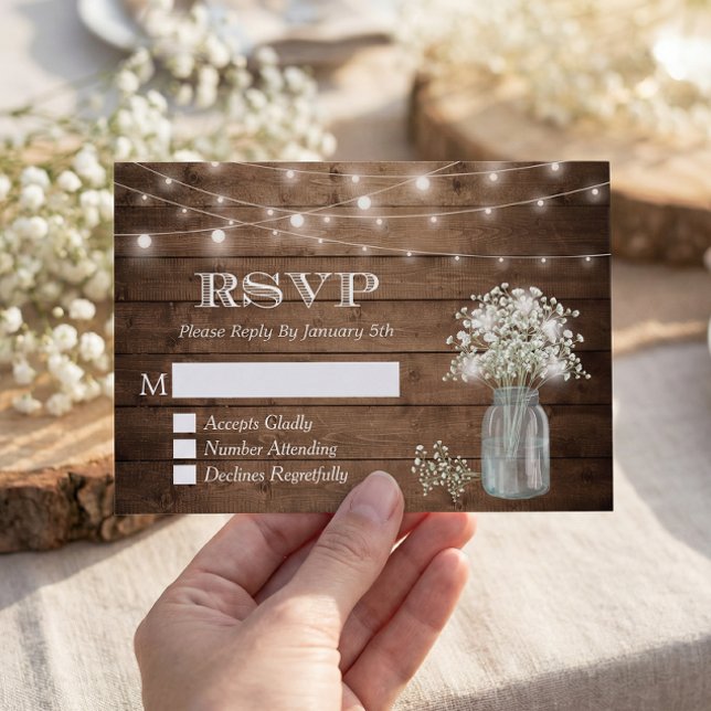 Baby's Breath Mason Jar String Lights Wedding RSVP Card (Creator Uploaded)