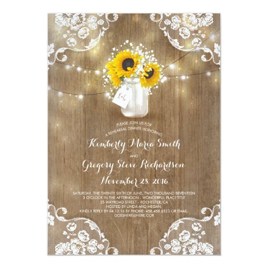 Baby's Breath Mason Jar Sunflower Rehearsal Dinner Card
