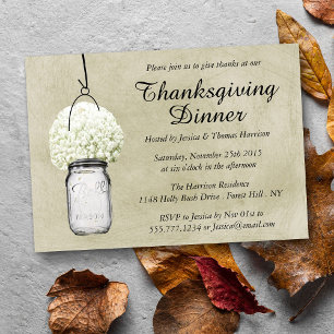 Baby's Breath & Mason Jar Thanksgiving Dinner Invitation