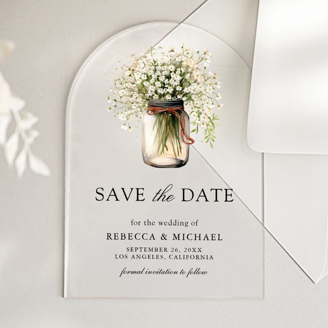 Baby's Breath Mason Jar Wedding Save the Date Acrylic Invitations (Creator Uploaded)