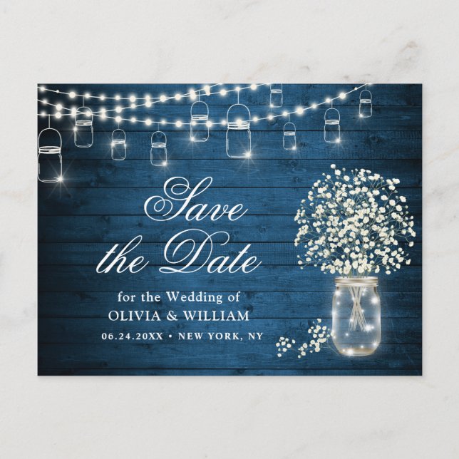 Baby's Breath Mason Jar Wedding Save the Date Postcard (Front)