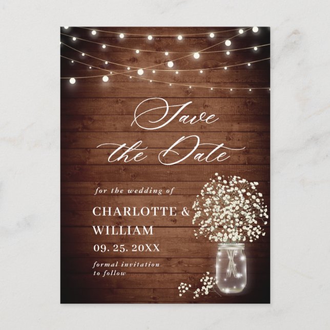Baby's Breath Mason Jar Wedding Save the Date Postcard (Front)
