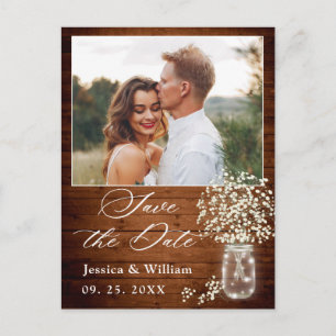 Baby's Breath Mason Jar Wedding Save the Date Postcard