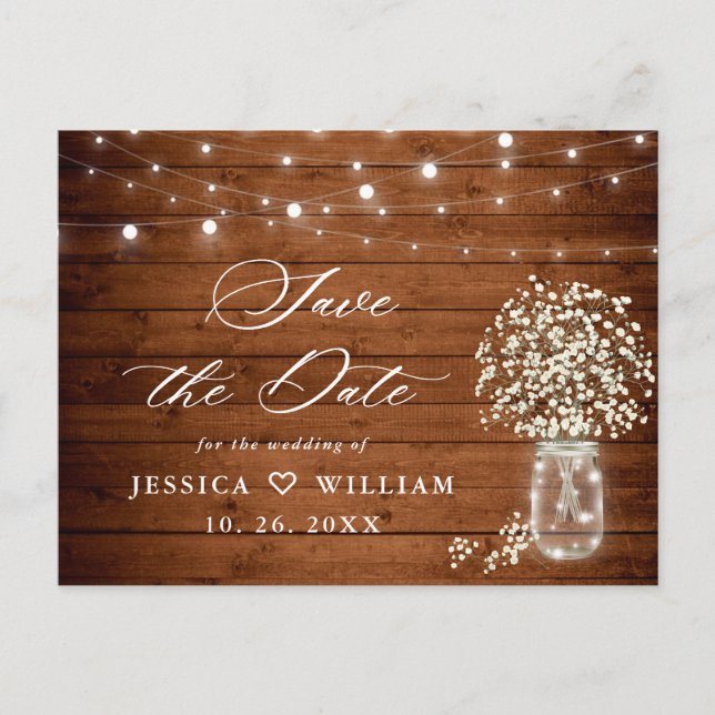 Baby's Breath Mason Jar Wedding Save the Date Postcard (Front)