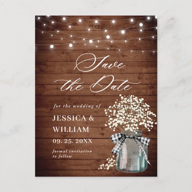 Baby's Breath Mason Jar Wedding Save the Date Postcard (Front)
