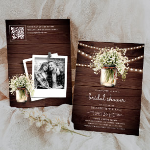 Baby's Breath Mason Jar Wood QR Code Bridal Shower Invitation