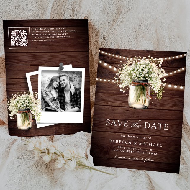 Baby's Breath Mason Jar Wood QR Code Wedding Photo Save The Date (Creator Uploaded)
