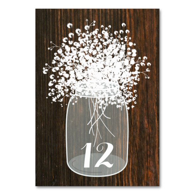 Baby's Breath Mason Jar Wood Table Number (Front)