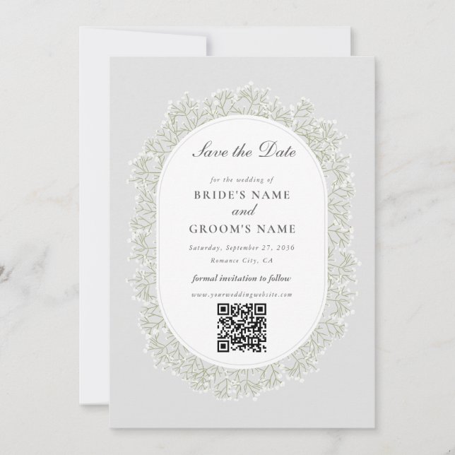 Baby's Breath Monogram Gypsophila Floral Wedding Save The Date (Front)