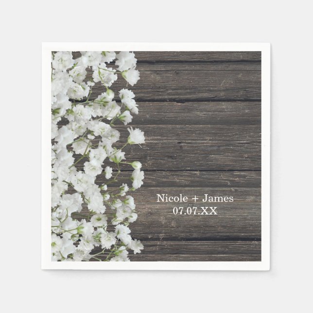 Baby's Breath on Rustic Wood Country Wedding Napkin (Front)