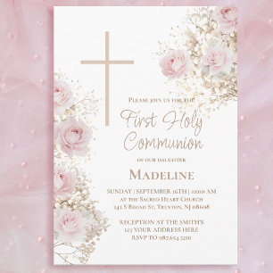 Baby's Breath pink roses First Holy Communion Invitation