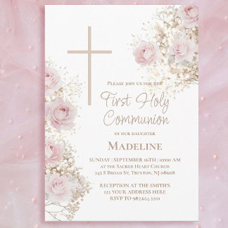 Baby's Breath pink roses First Holy Communion Invitation
