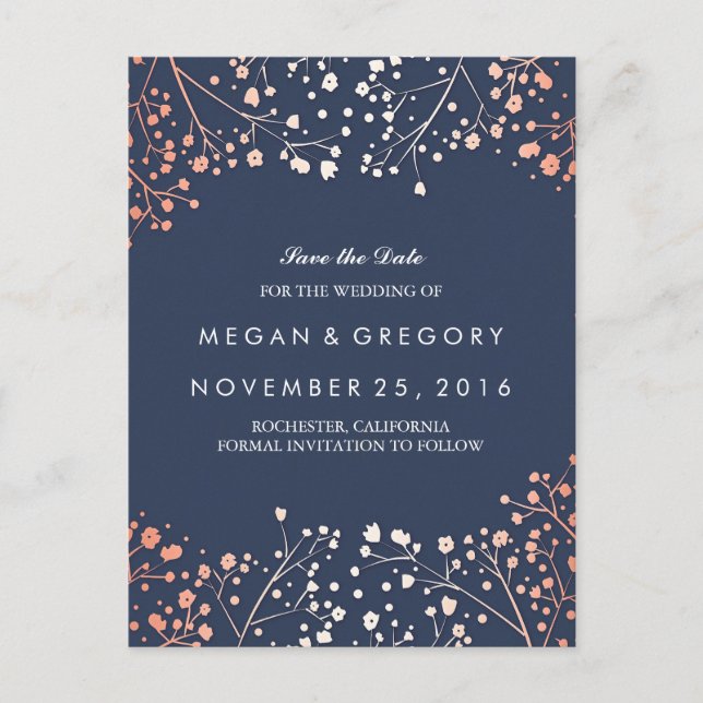baby's breath rose gold floral navy save the date announcement postcard (Front)