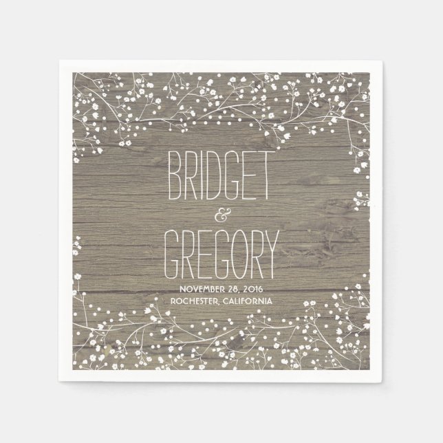 Baby's Breath Rustic Barn Wood Wedding Napkin (Front)