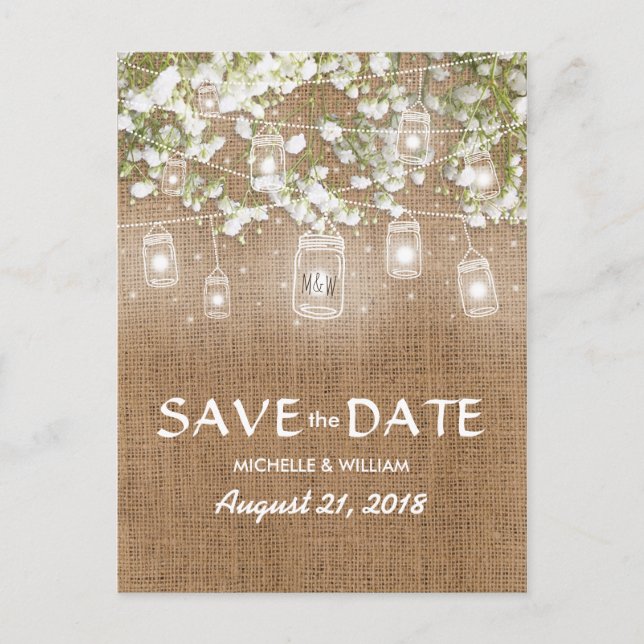 Baby's Breath Rustic Burlap Save the Date Announcement Postcard (Front)
