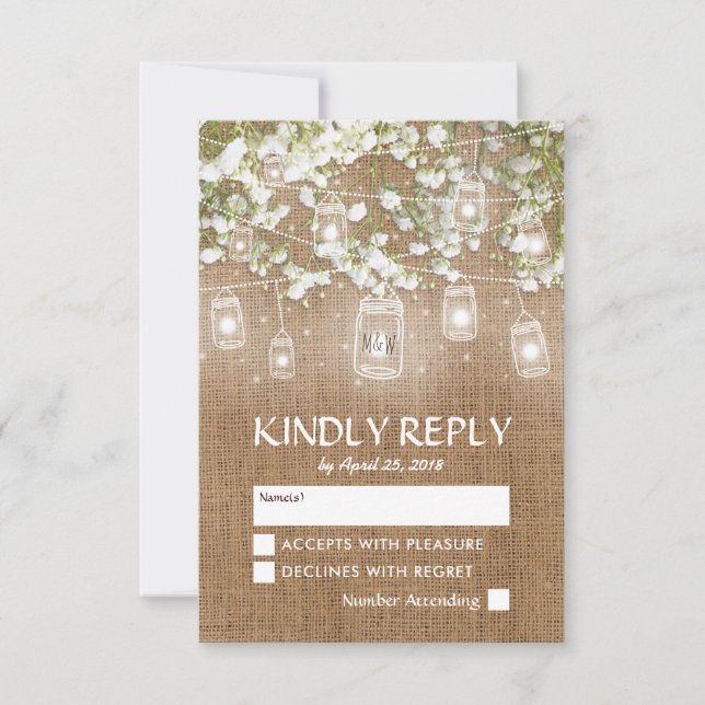 Baby's Breath Rustic Burlap Wedding RSVP (Front)