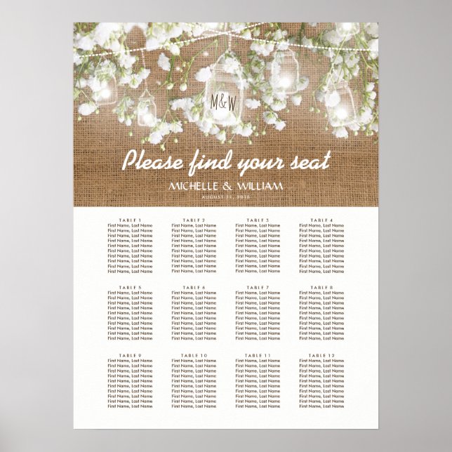 Baby's Breath Rustic Burlap Wedding Seating Chart (Front)