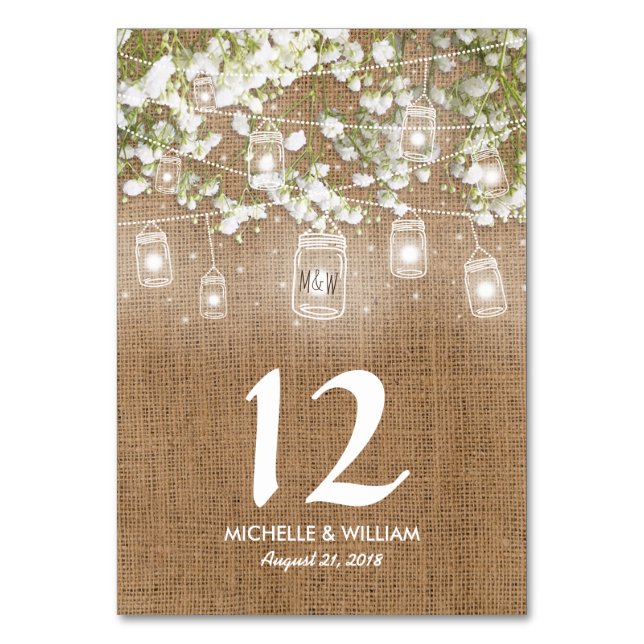Baby's Breath Rustic Burlap Wedding Table Numbers (Front)