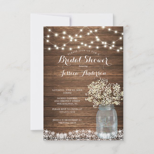 Baby's Breath Rustic Mason Jar Bridal Shower Invitation (Front)