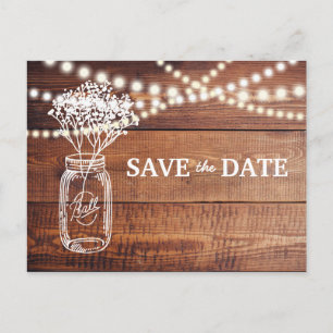 Baby's Breath Rustic Mason Jar Save the Date Announcement Postcard