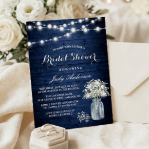 Babys Breath Rustic Navy Blue Lights Bridal Shower Invitation