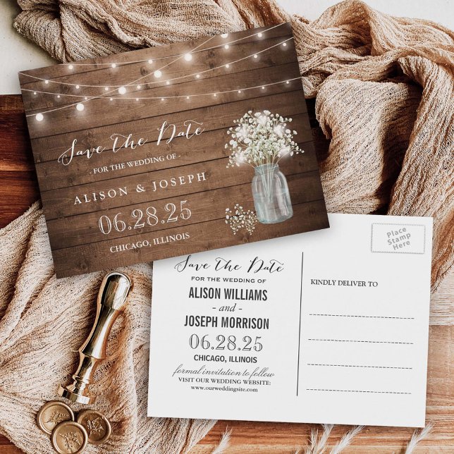 Baby's Breath Rustic String Lights Save the Date Postcard (Creator Uploaded)