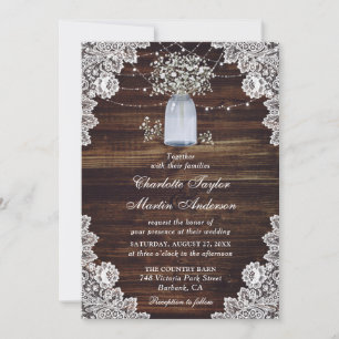 Baby's Breath Rustic Wood Lace Lights Wedding Invitation