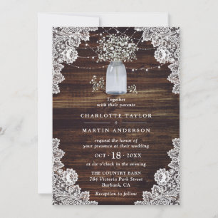 Baby's Breath Rustic Wood Mason Jar Wedding Invitation