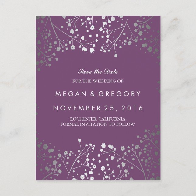 baby's breath silver and amethyst save the date announcement postcard (Front)