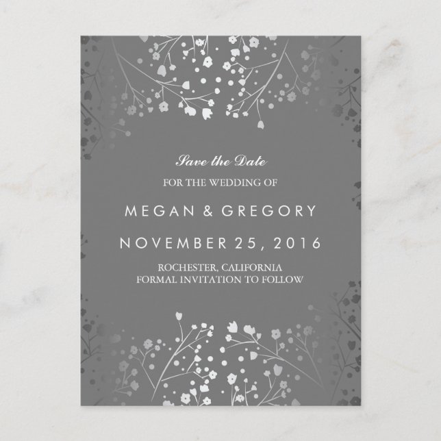baby's breath silver and grey save the date announcement postcard (Front)