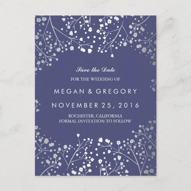 baby's breath silver and navy foil save the date announcement postcard (Front)