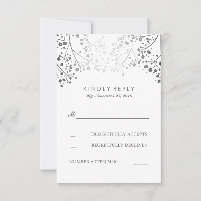 Baby's Breath Silver Floral Wedding RSVP Cards (Front)