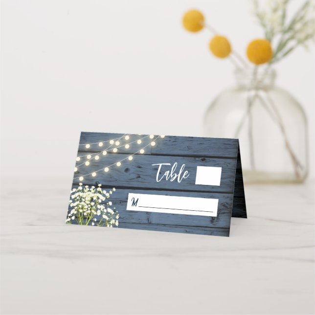 Baby's Breath & String Lights Blue Wood Wedding Place Card (Front)