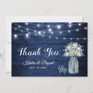 Baby's Breath String Lights Navy Blue Wood Wedding Thank You Card