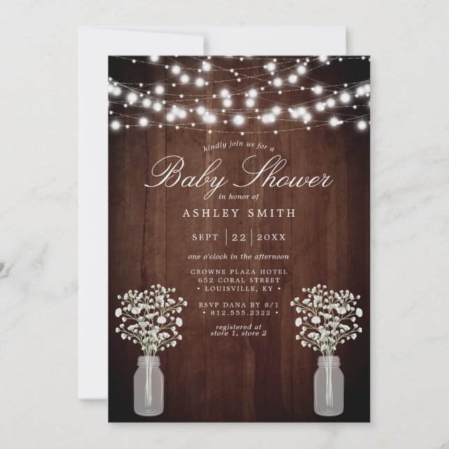 Baby's Breath String Lights Rustic Baby Shower Invitation (Front)