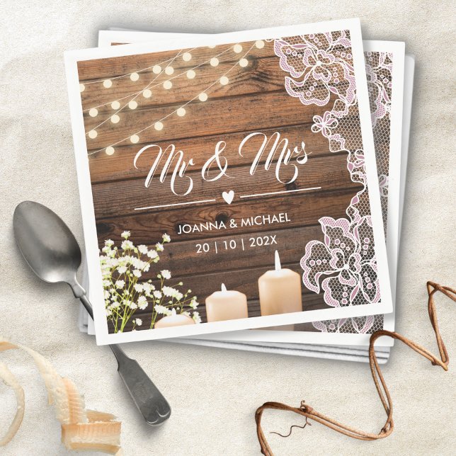 Baby's Breath & String Lights Rustic Wood Wedding  Napkin (Creator Uploaded)