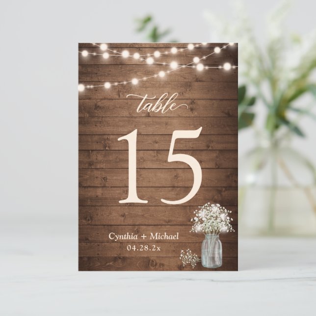 Baby's Breath String Lights Wedding Table Number (Standing Front)
